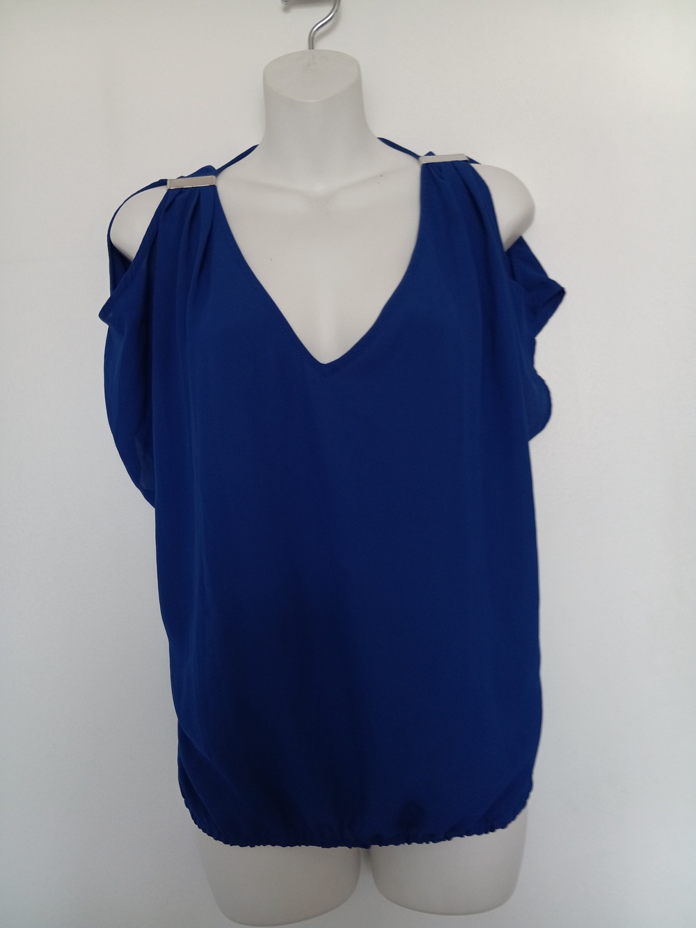 New York & Company Royal Blue Cold-Shoulder V-Neck Top